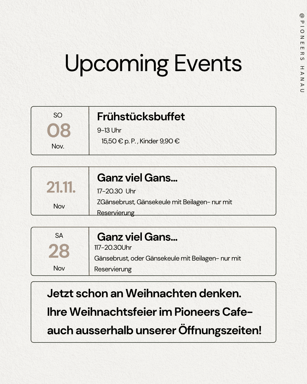 Upcoming Events und Weihnachtsfeiern