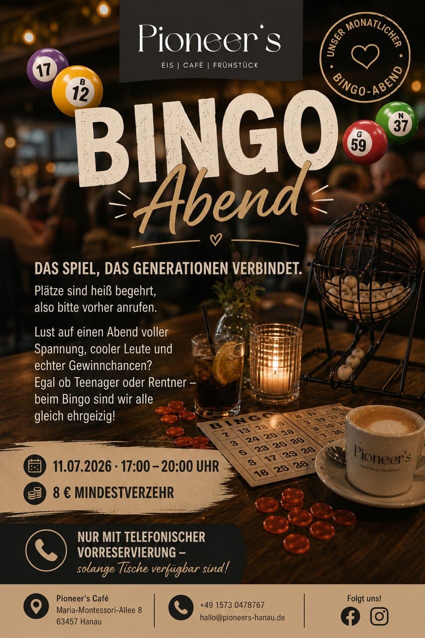 Plakat zum Bingo-Abend im Juli im Pioneer's Café