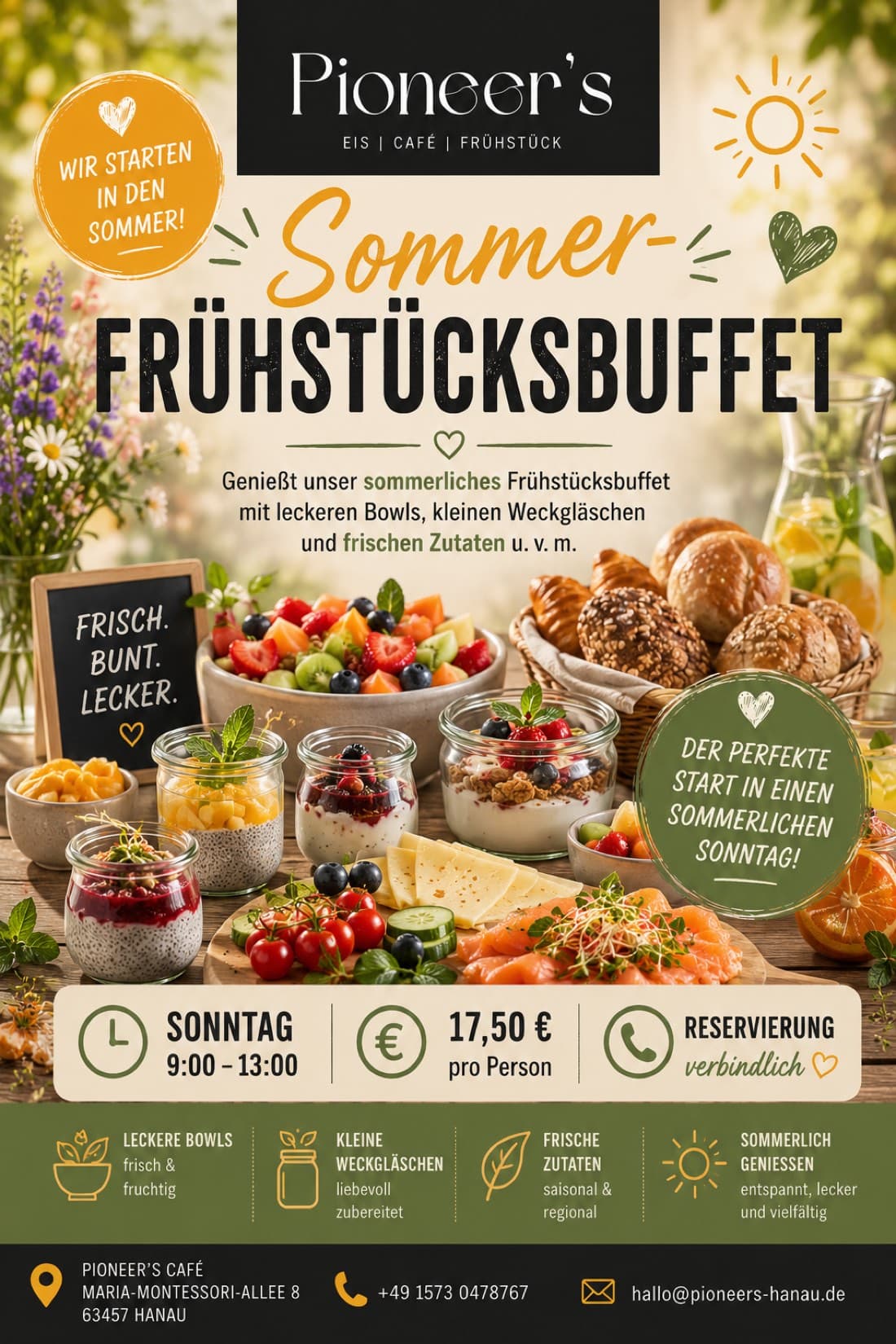Plakat zum Sommer-Frühstücksbuffet im Pioneer's Café