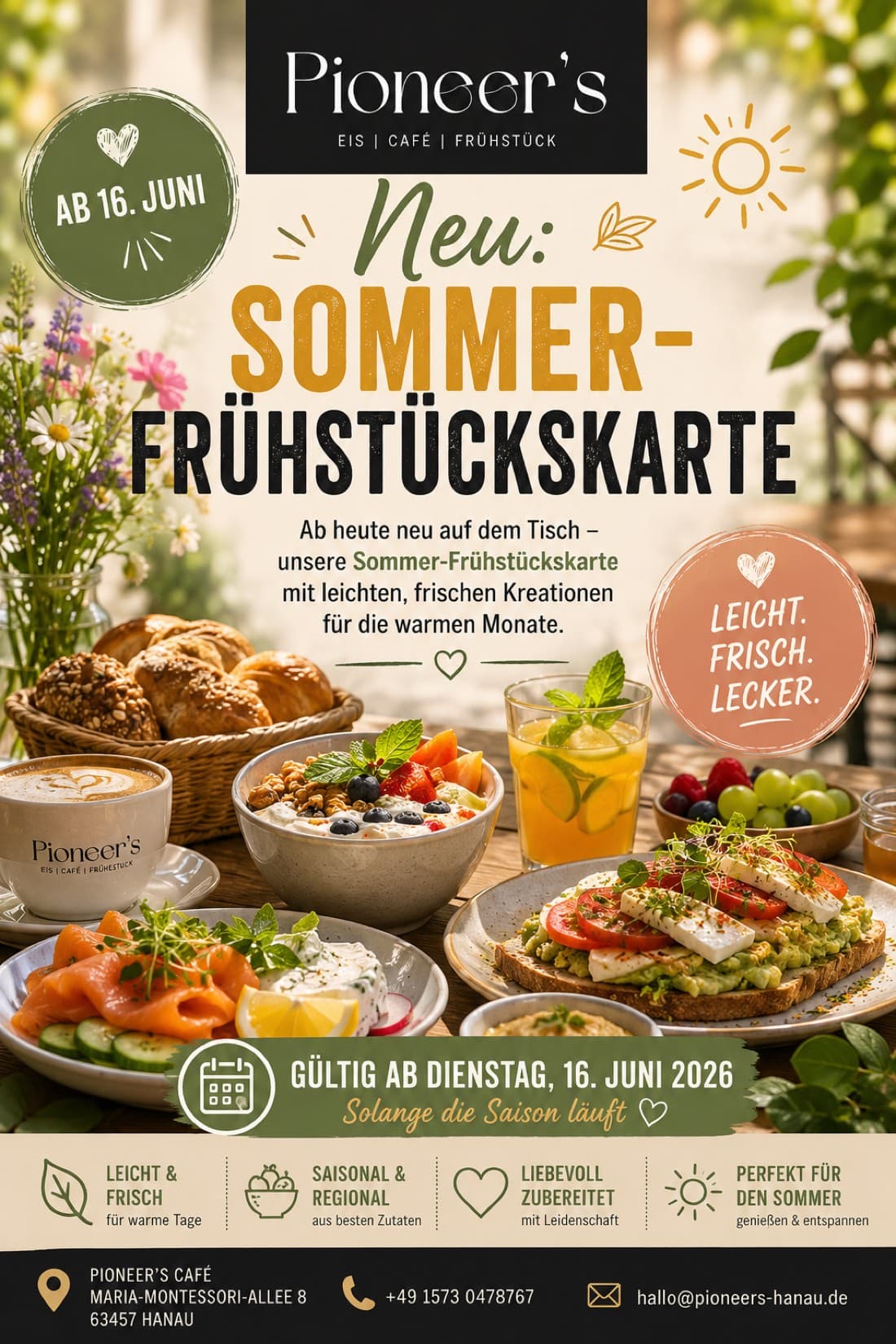 Plakat zur neuen Sommer-Frühstückskarte im Pioneer's Café