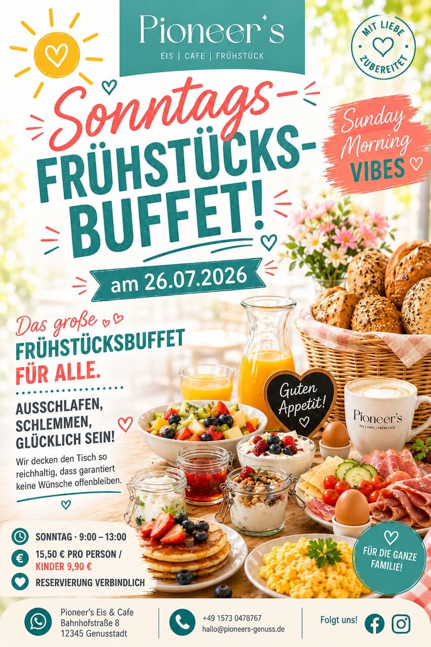 Plakat zum Sonntags-Frühstücksbuffet im Pioneer's Café