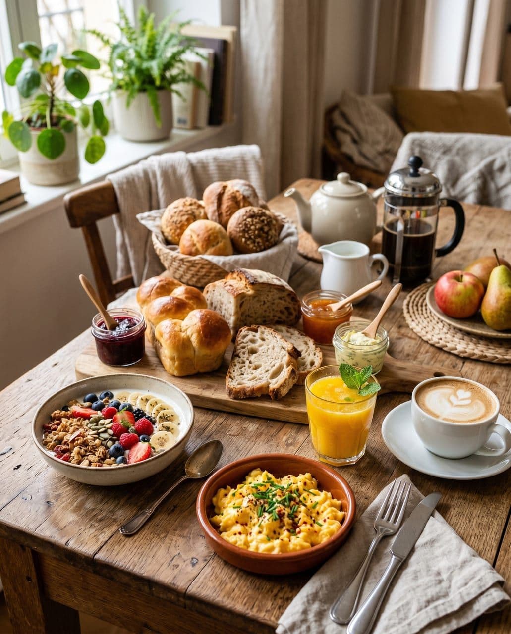 Frühstück mit Sauerteig-Broten, Aufstrichen, Eierspeisen und Obst