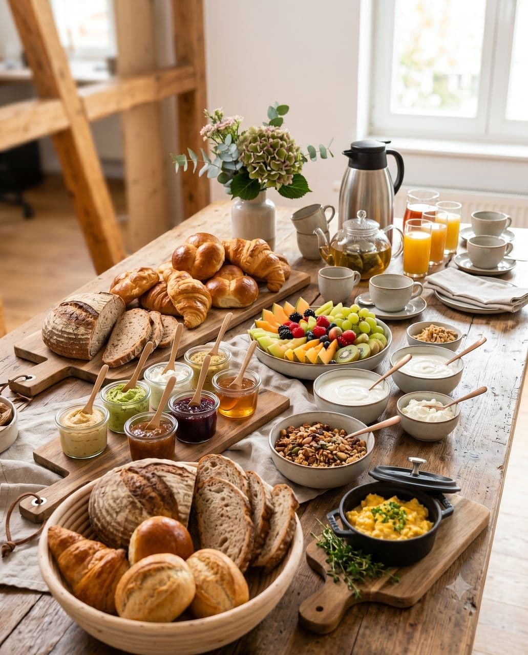 Frühstücks-Catering mit Sauerteig-Broten, Aufstrichen und Obst