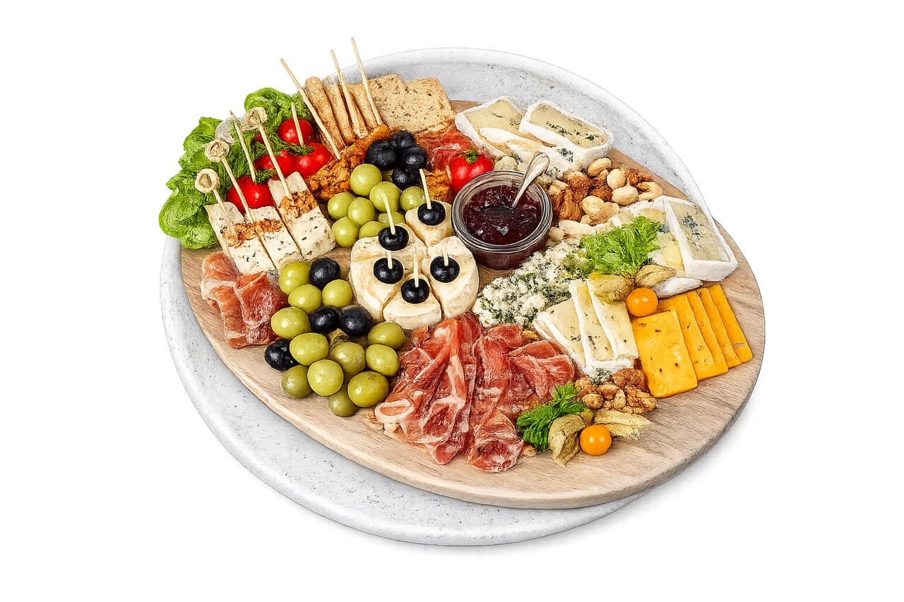 Catering-Platte mit ausgewählten Wurst- und Käsespezialitäten