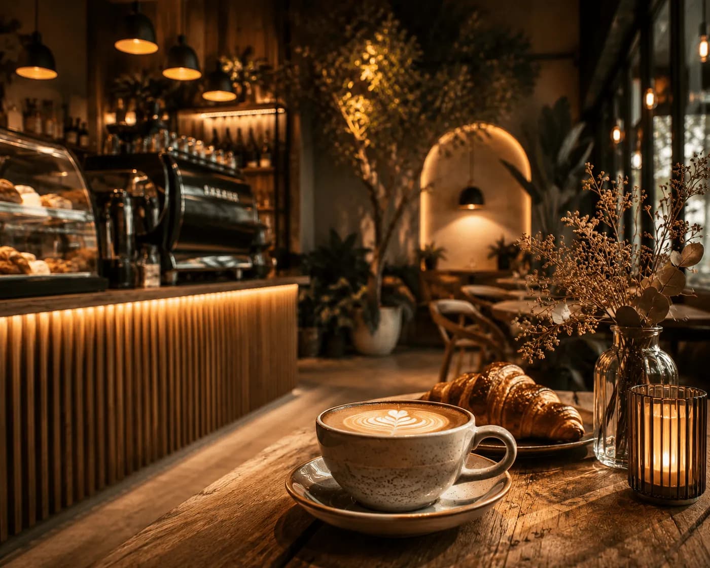 Innenraum des Pioneer's Café & Bistro im ehemaligen Gerichtssaal von Hanau — hohe Decken, Pflanzen und einladende Sitzecken