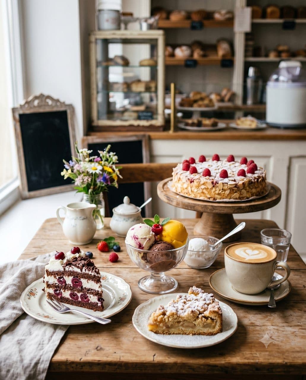 Hausgebackene Kuchen und Torten mit selbst gerührtem Eis
