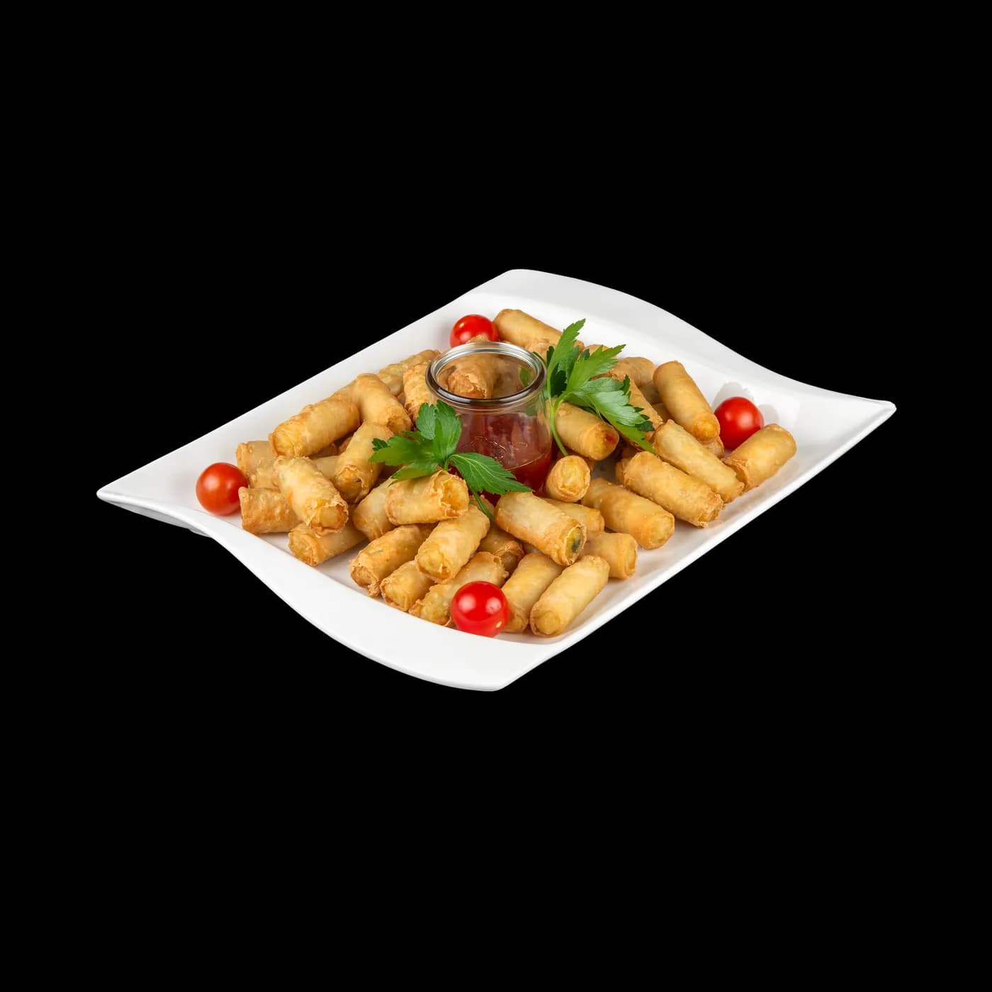 Platte mit Mini-Frühlingsrollen und Dip