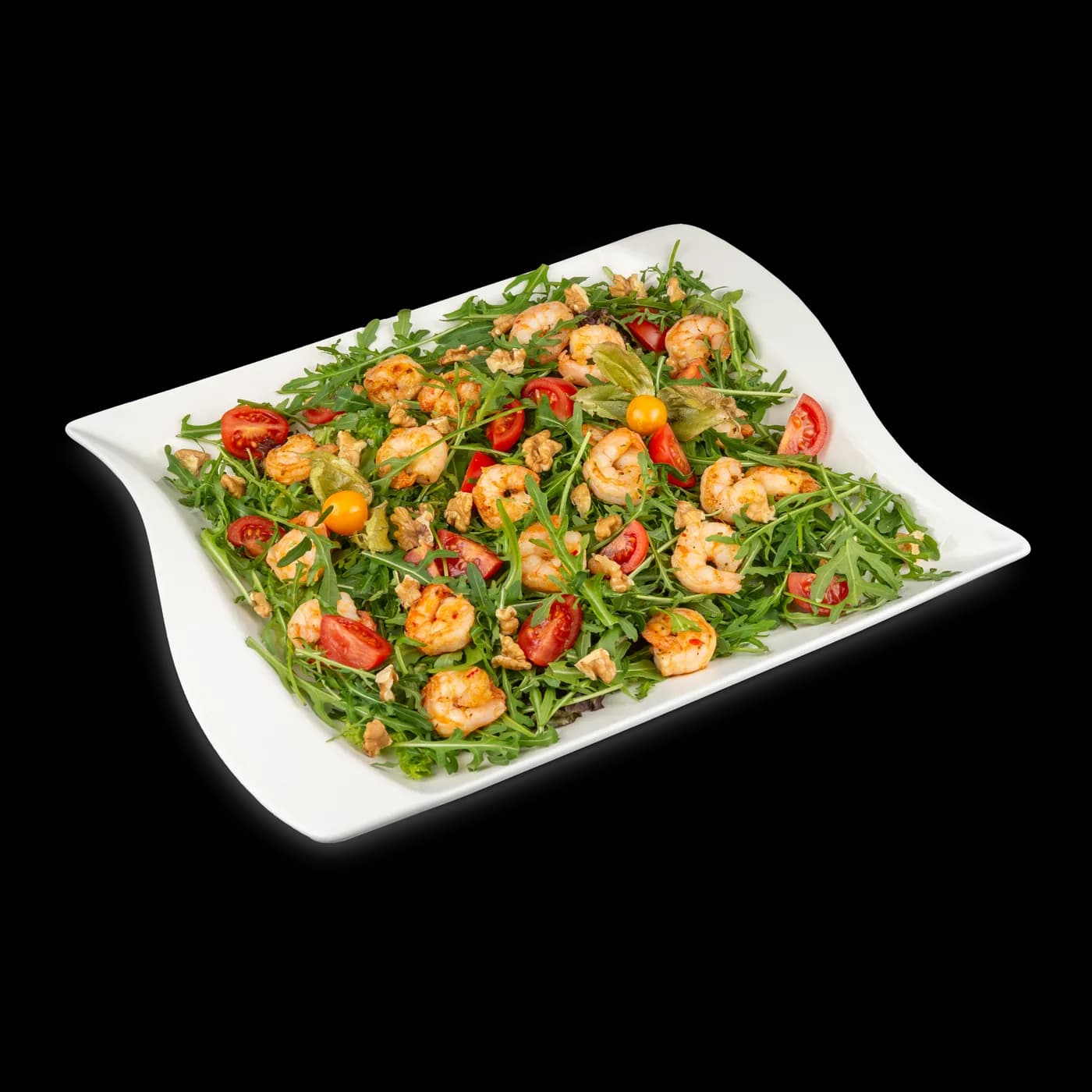 Platte Rucolasalat mit marinierten Garnelen und Cherrytomaten
