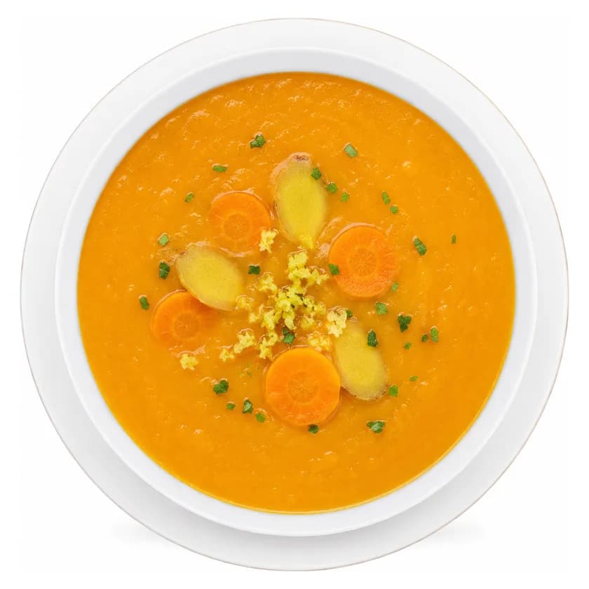 Karotten-Ingwersuppe in weißer Schale