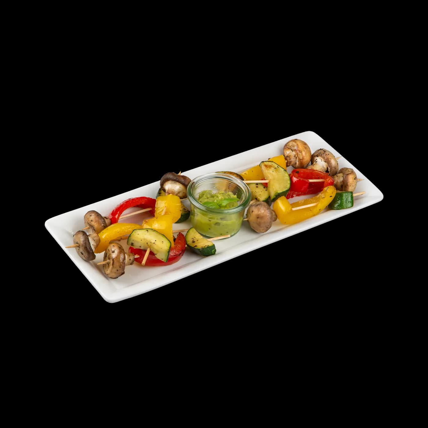 Gemüsespieße mit Zucchini, Paprika und Champignon mit Dip