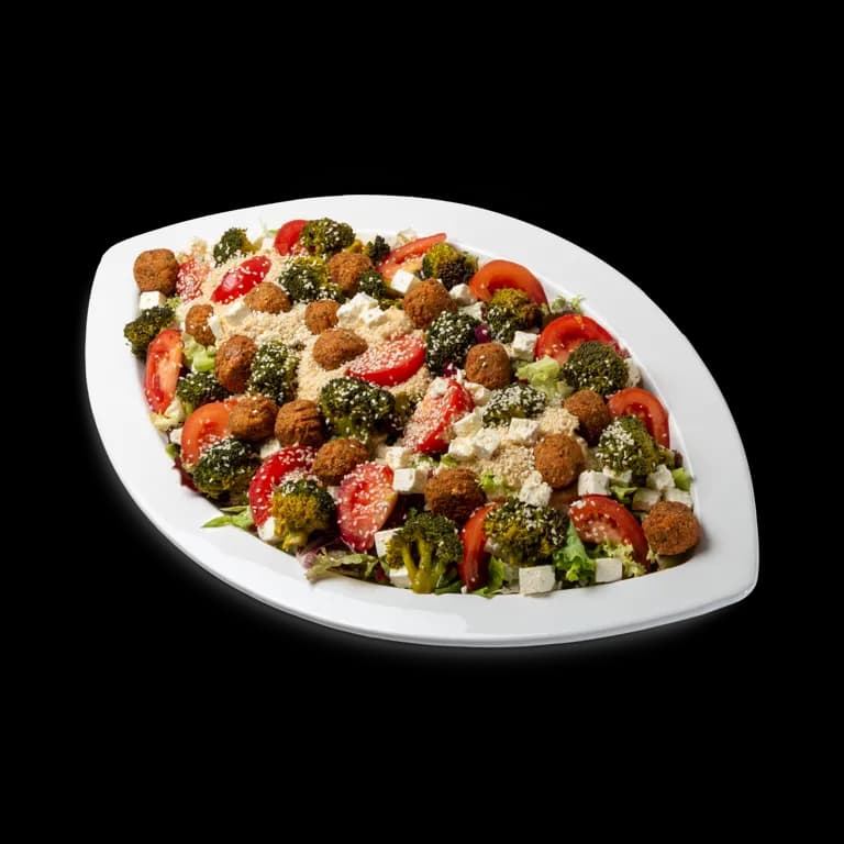 Platte Falafel Veggie Salat mit Brokkoli, Cherrytomaten und Hummus