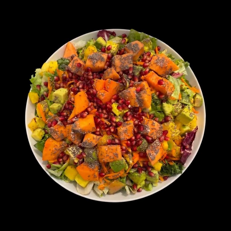 Platte Fit n' Healthy Salat mit Karotte, Avocado, Granatapfel und Chiasamen in der Schale