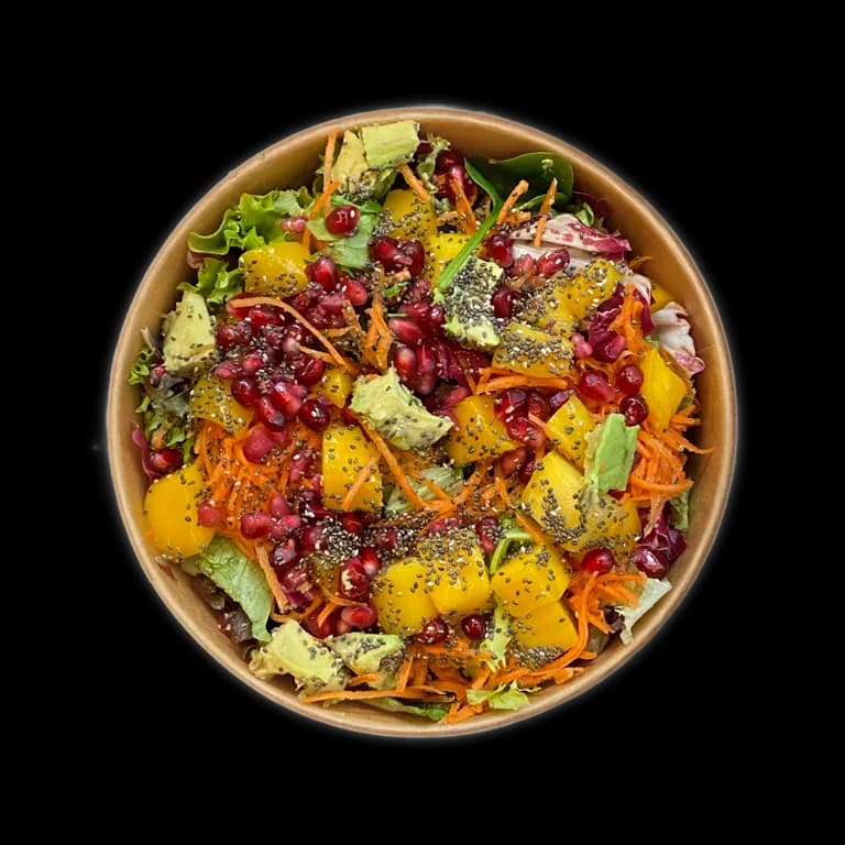 Platte Fit n' Healthy Salat mit Karotte, Avocado, Granatapfel und Chiasamen in der Schale