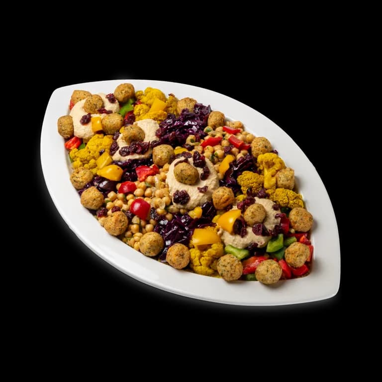 Platte Oriental Bowl mit Falafel, Kichererbsen, Hummus und Mango