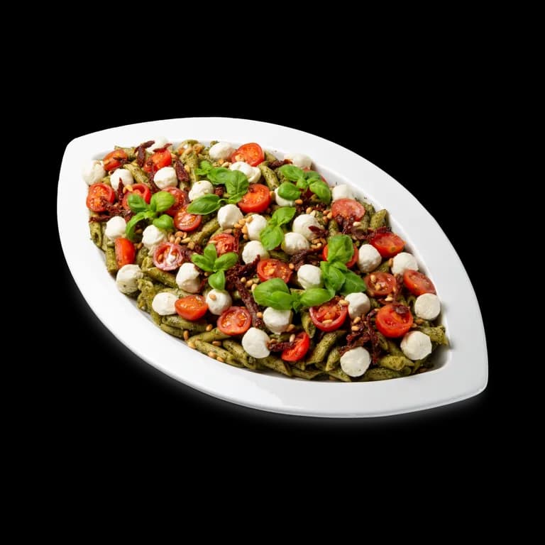 Platte Penne Pesto Salat mit Mozzarella, Cherrytomaten und Basilikum