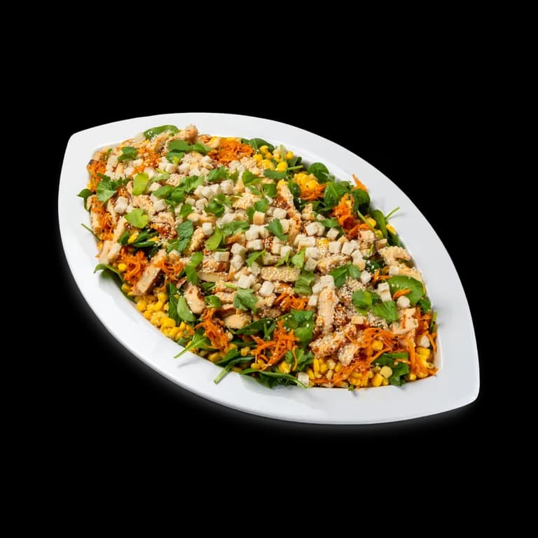 Platte Salat mit Sesam-Huhn, Mais, Karotte und Sesam
