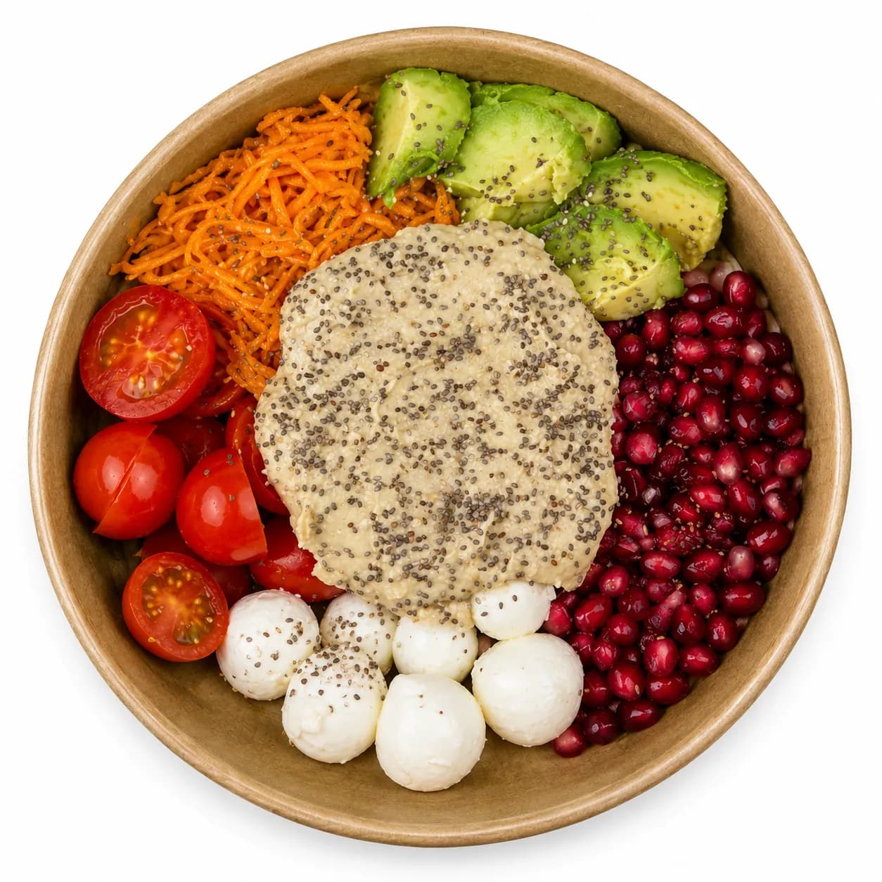 Buddha Bowl mit Quinoa, Avocado, Karotte, Granatapfel und Mozzarella