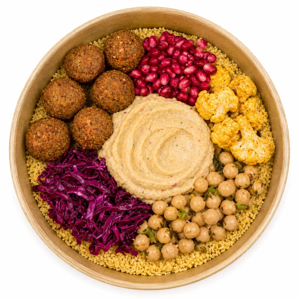 Oriental Bowl mit Falafel, Hummus, Kichererbsen, Blumenkohl und Rotkohl
