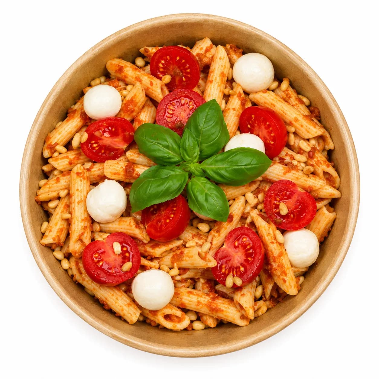 Penne mit rotem Pesto, Mozzarella, Cherrytomaten und Basilikum