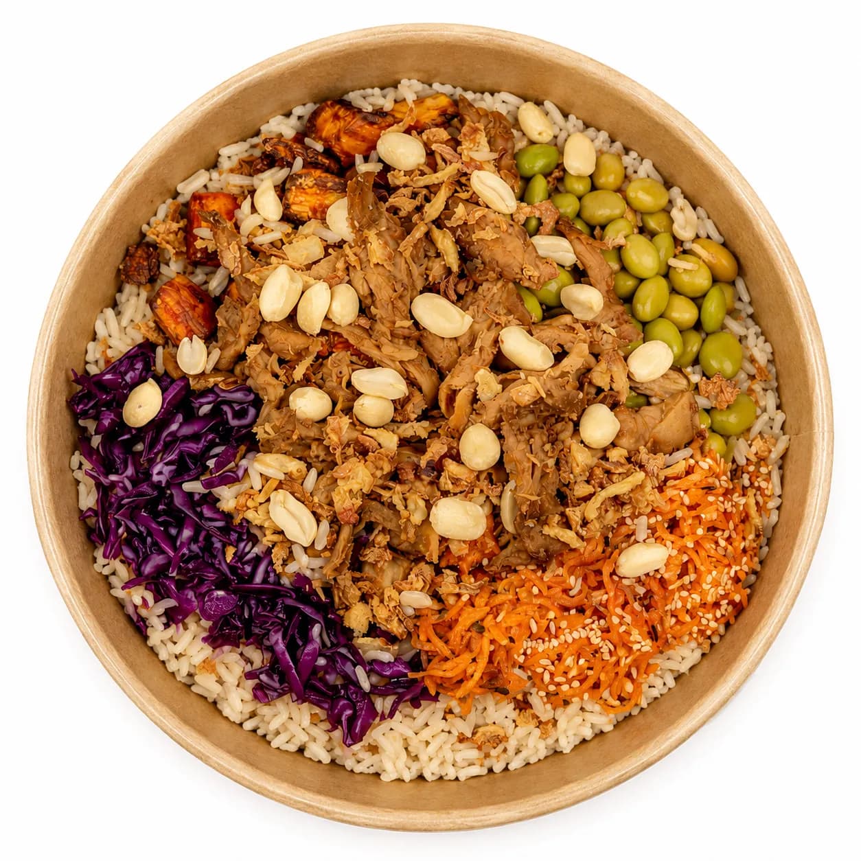 planted AsianDuck Bowl mit Reis, Rotkohl, Karotte, Edamame und Erdnüssen