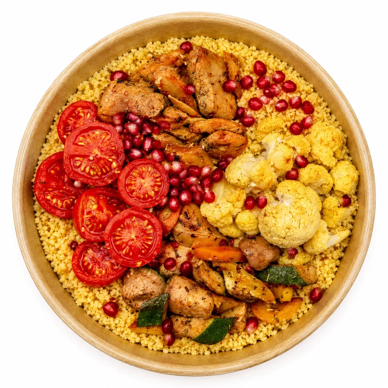 Planted Lemon Chicken Bowl mit Couscous, Cherrytomaten, Blumenkohl und Granatapfel