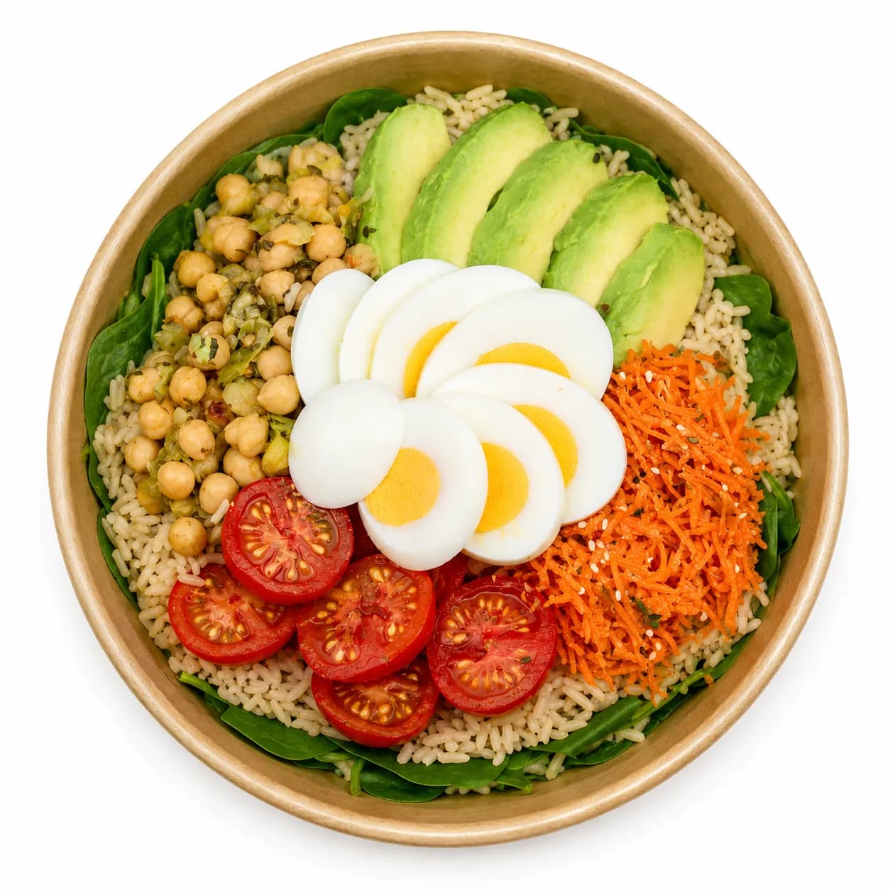 Protein Power Bowl mit Ei, Avocado, Kichererbsen, Karotte und Cherrytomaten