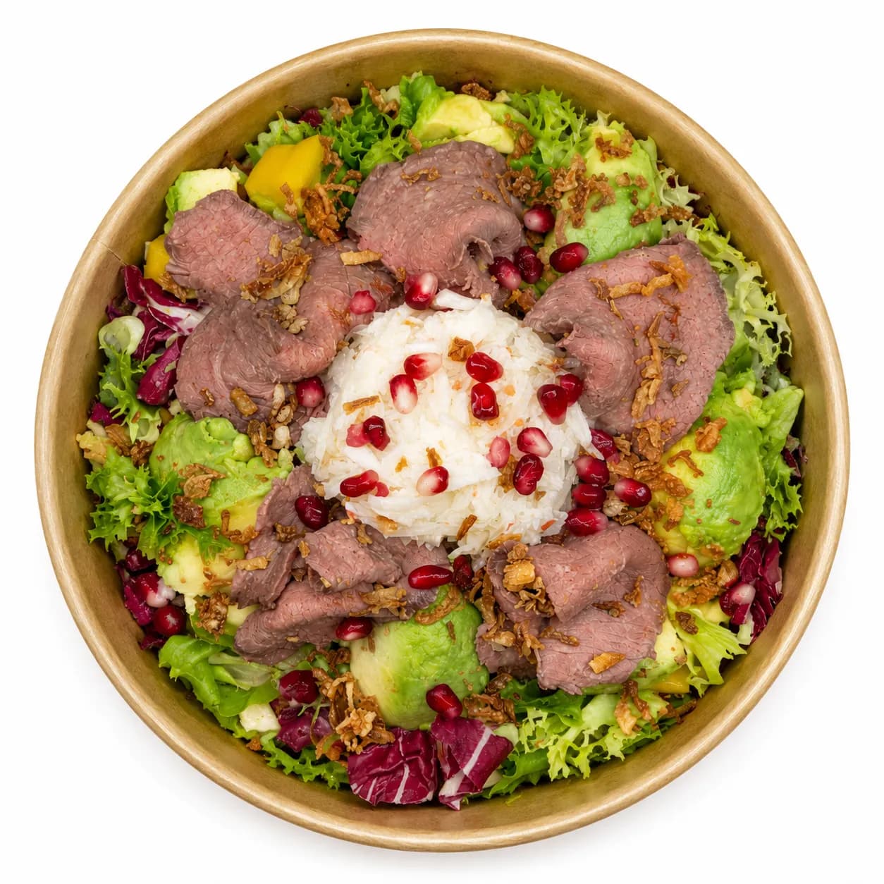 Rind Deluxe Salat mit Rinderstreifen, Granatapfel und Creme