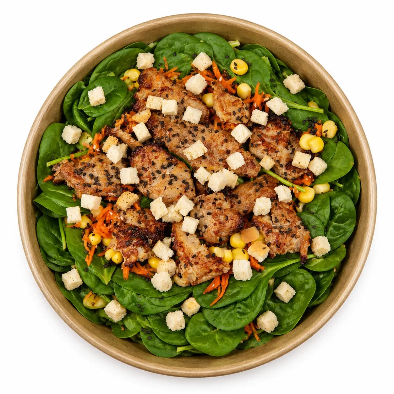 Sesam-Huhn Salat mit Spinat, Mais und Karotte
